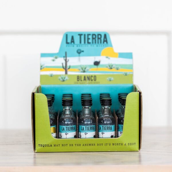 Box of La Tierra Agave Blanco mini tequila bottle from South Africa, 100% agave spirit.