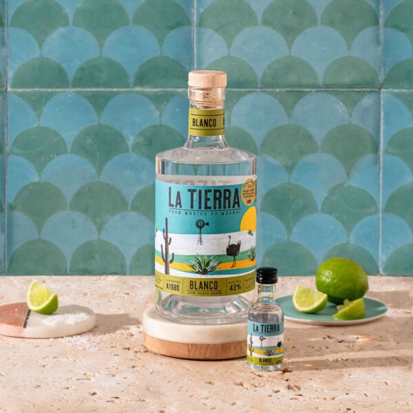 La Tierra Agave Blanco mini tequila South Africa photo with natural light.