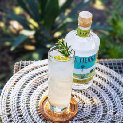 Graaff-Reinet Soda cocktail made with La Tierra Agave Blanco, soda water, and lime, a 100% Karoo agave spirit and South African tequila.