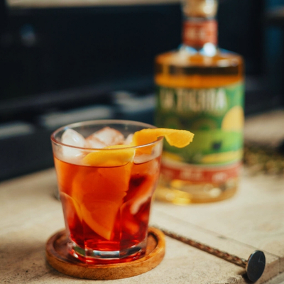 Northern Negroni cocktail made with La Tierra Agave Añejo, vermouth, Campari, and bitters, a 100% Karoo agave spirit and South African tequila.