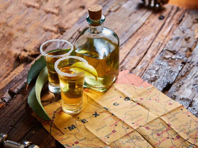Close up of Tequila shots on Mexico map