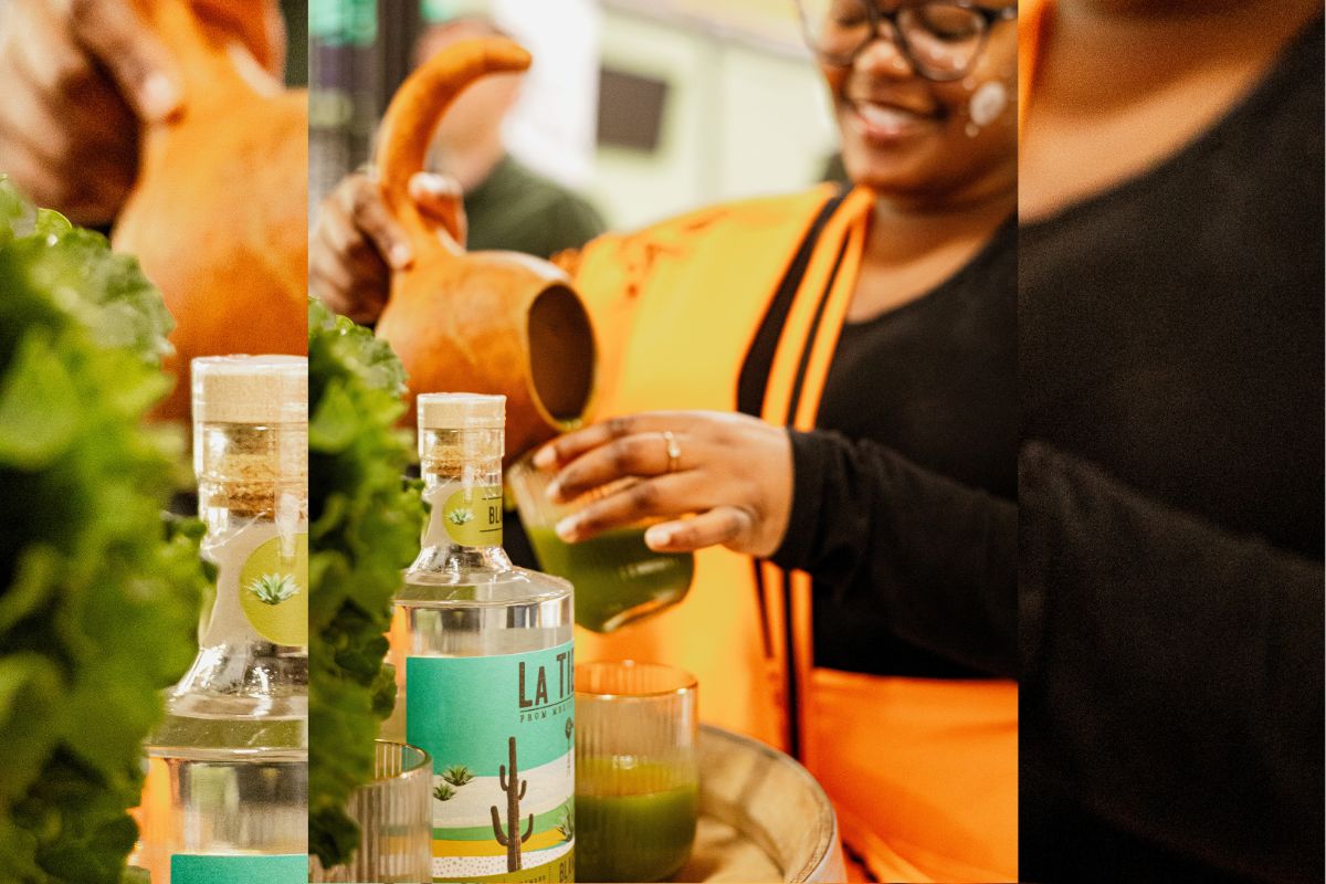 Pouring a cocktail made with La Tierra Karoo agave and South African agave spirit