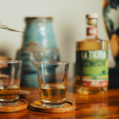 Dessert Gold cocktail served neat with La Tierra Agave Añejo, a 100% Karoo agave spirit and South African agave spirit.